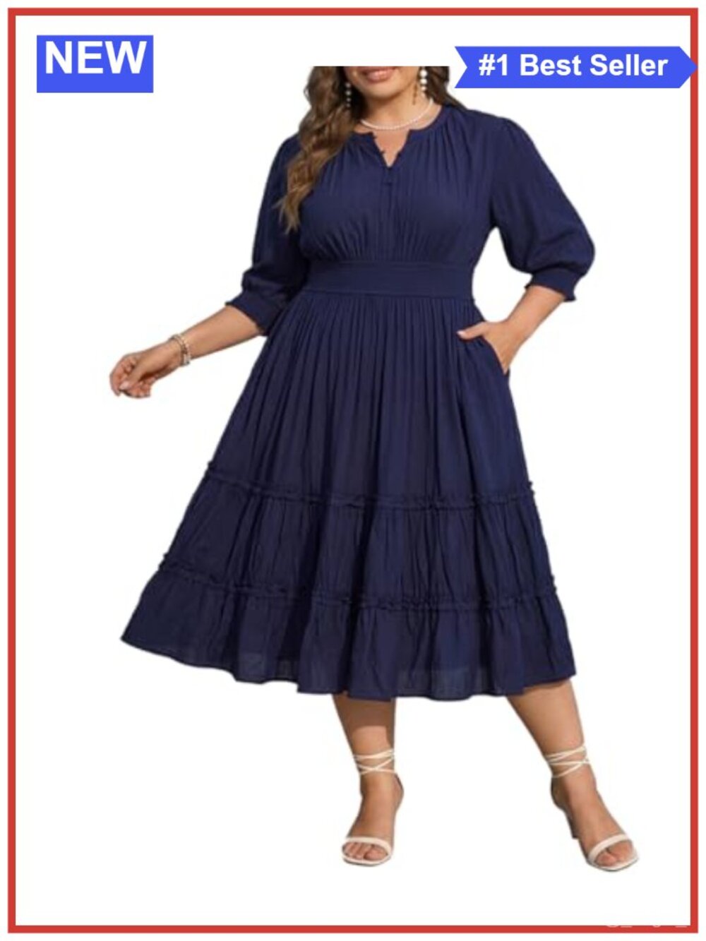 Plus Size Summer Midi Dress with Pockets V-Neck 3/4 Puff Sleeve Elastic Waist